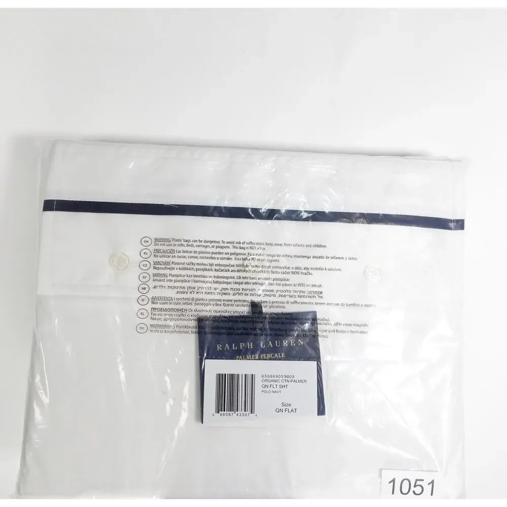New Flawed Ralph Lauren Organic Cotton Percale Queen Flat Sheet White/Polo Navy